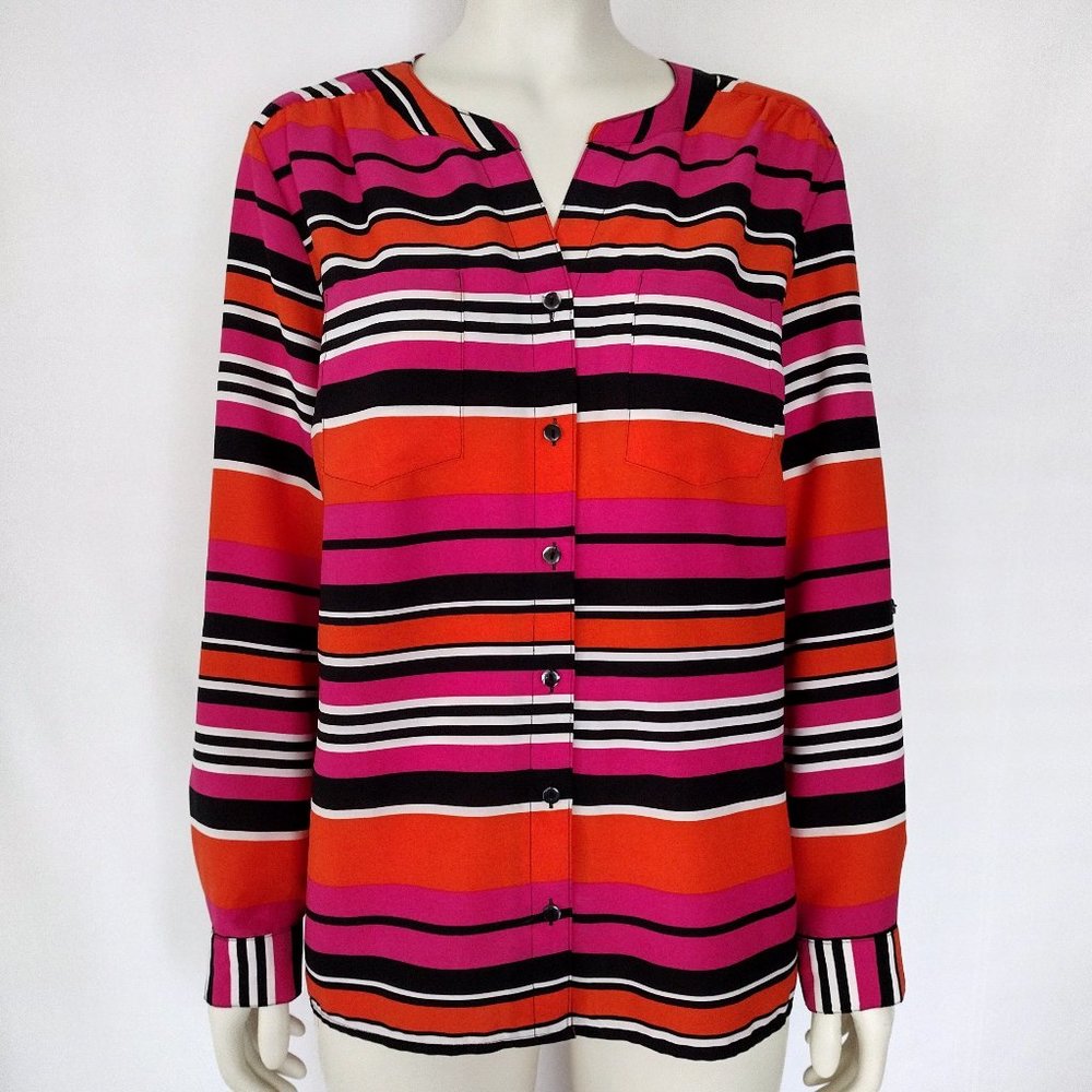 Elementz Vibrant Orange and Pink Stripe Roll Tab Sleeve Blouse